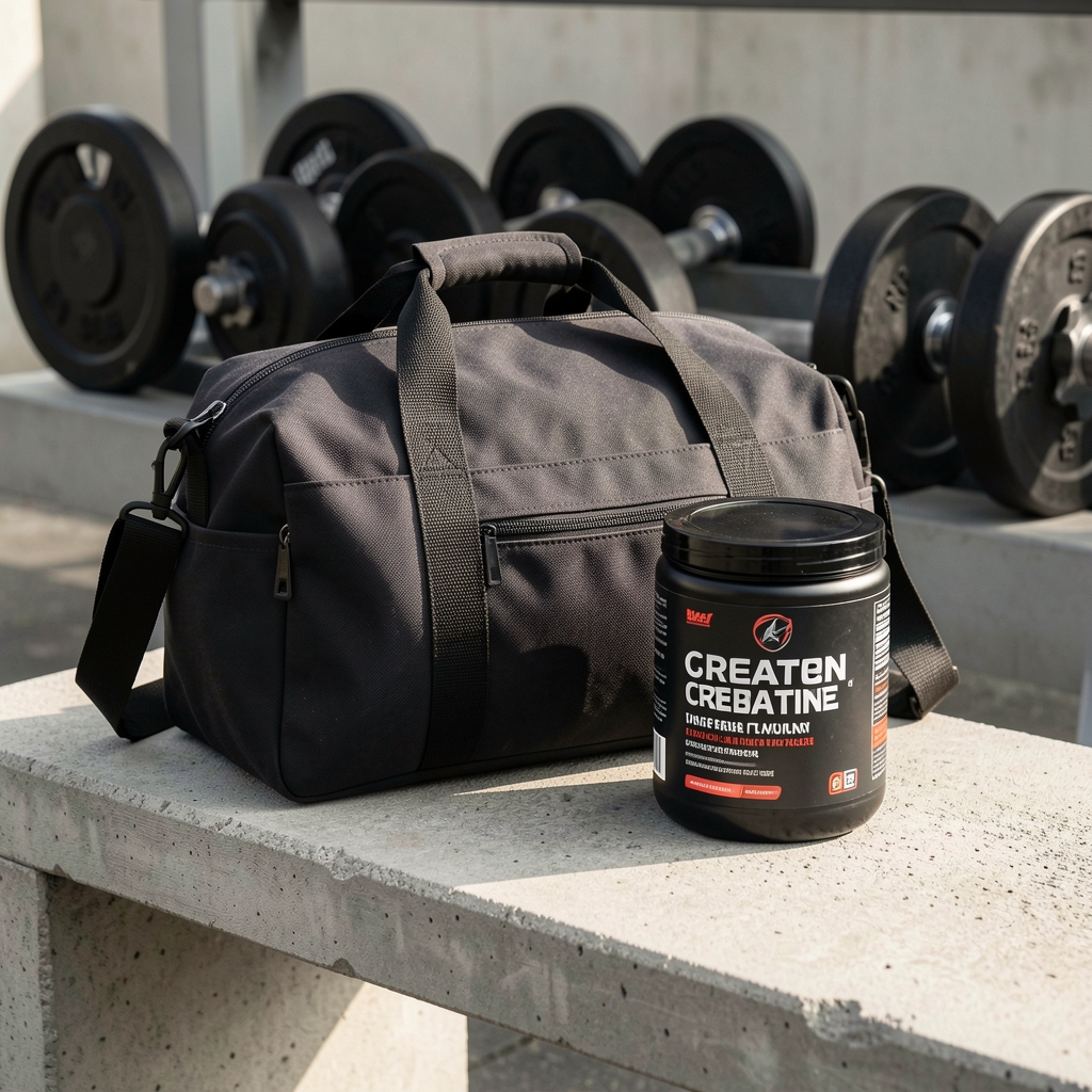 Gym bag and creatine powder container on a concrete bench, weights visible in the background, editorial sports photography with natural light